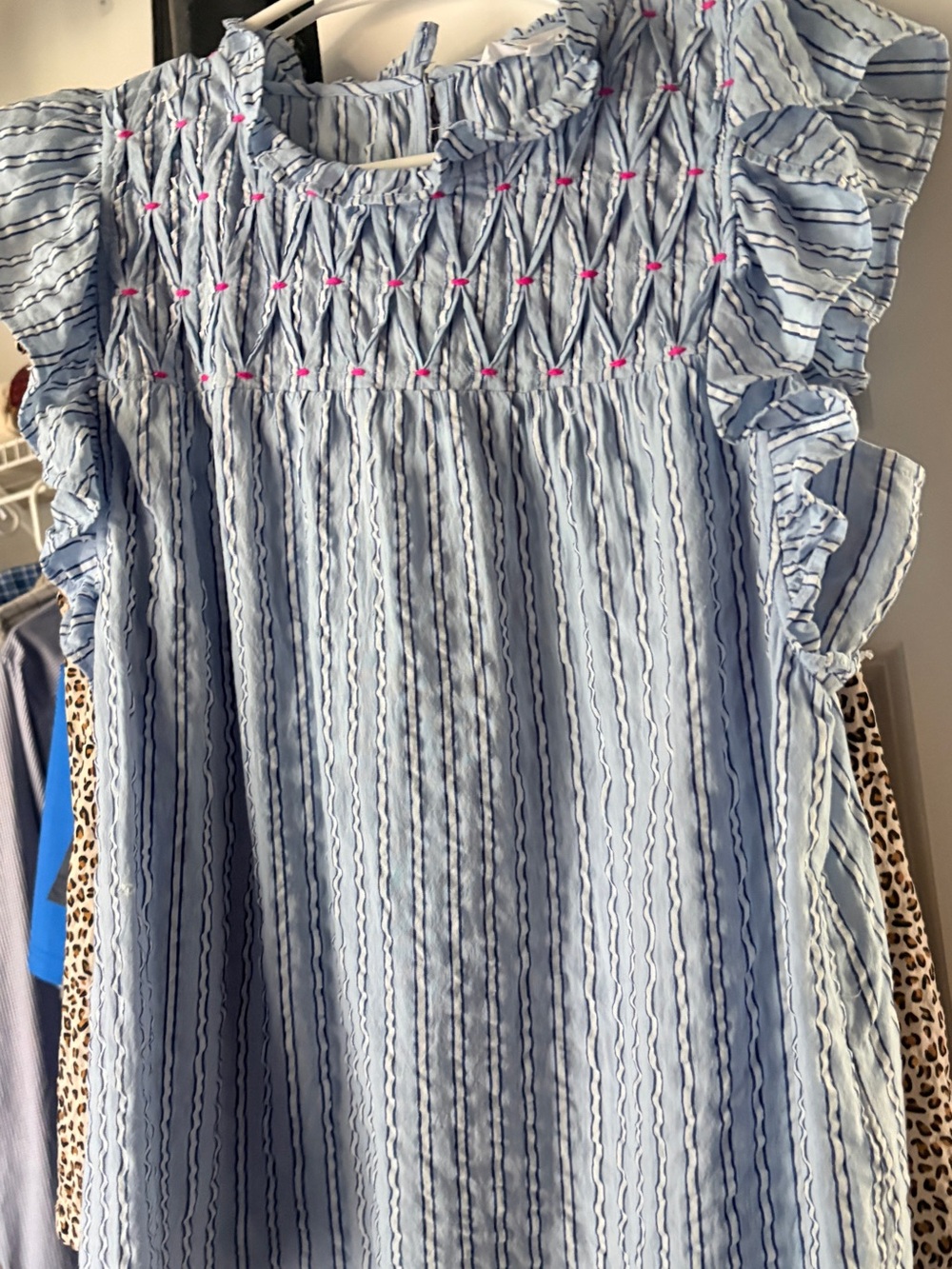 THML Light Blue, pin-tucked Striped Ruffle Neck Blouse with Pink Accents